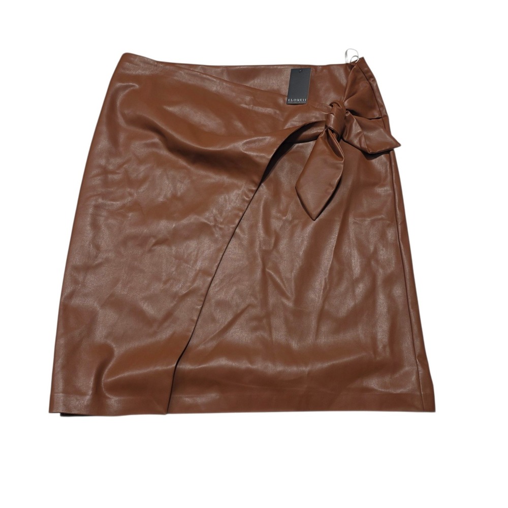 Eloquii Faux Leather Wrap Skirt Women 20 Brown Tie Waist Knee Length NEW